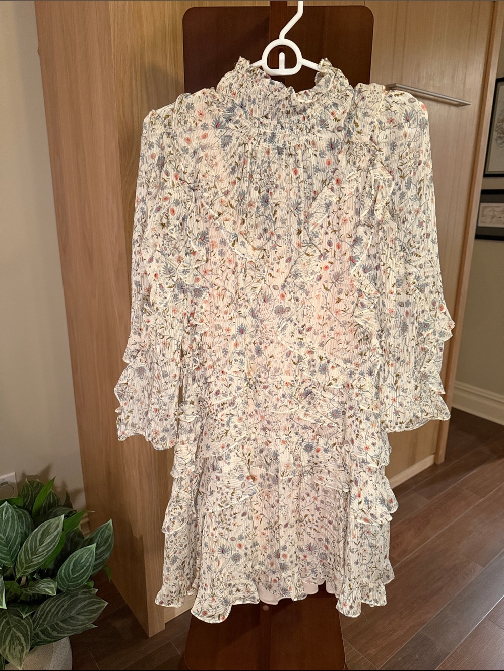 Rebecca Taylor Floral Ruffle Mini Dress in Cream with Blue & Pink Accents